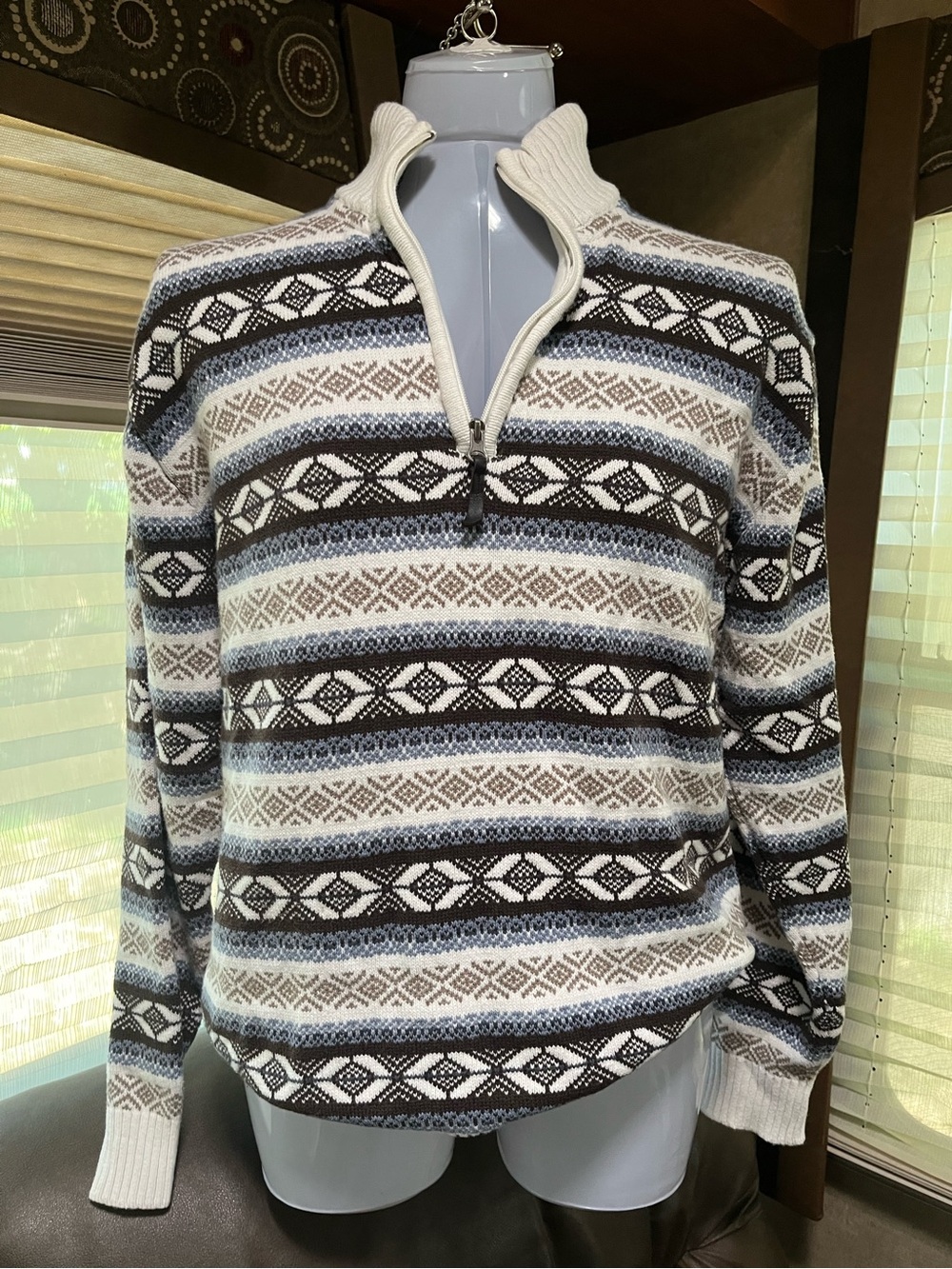 Women’s Oversized Vintage Half-Zip Sweater by Method - Cream, Brown, & Blue